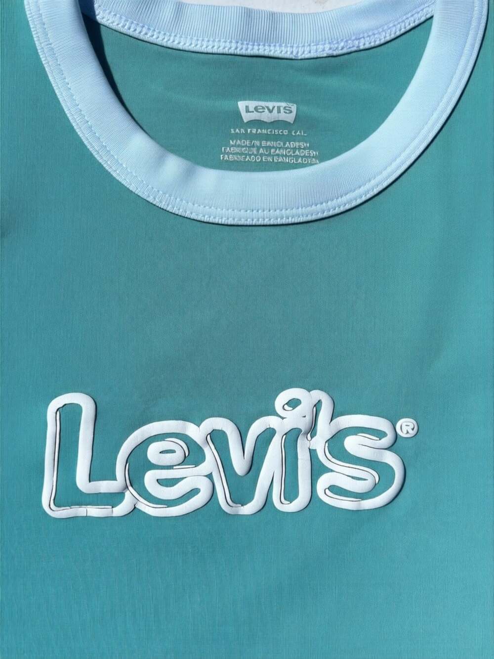 Levi's Ringer T-Shirt‎ Women XL Sage Green Embossed Bubble Logo Retro Tee - Picture 2 of 5